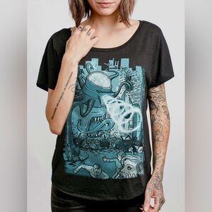 Curbside Invasion Graphic Dolman Tee Heather Black Triblend Alien Art Size XL